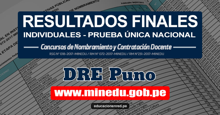 DRE Puno: Resultado Final Individual Prueba Única Nacional y Relación de Postulantes Habilitados para Etapa Descentralizada Nombramiento Docente 2017 - MINEDU - www.drepuno.gob.pe DRE Puno: Resultado Final Individual Prueba Única Nacional y Relación de Postulantes Habilitados para Etapa Descentralizada Nombramiento Docente 2017 - MINEDU - www.drepuno.gob.pe