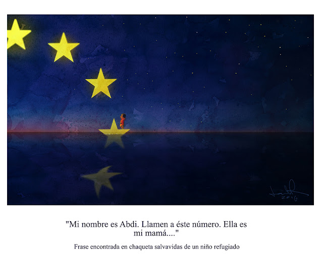 ilustraciónde una noche y mar azul con un pequeño navegante en un barco de papel amarillo. que resulta ser una de las estrellas amarillas de la bandera de la Unión Europea que se hunde.   Representa el drama de los refugiados.