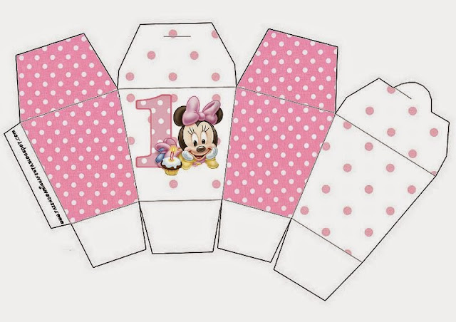 Minnie Primer Año con Lunares: Cajas para Imprimir Gratis. Caja tipo "de comida china" de Minnie Primer Año con Lunares.