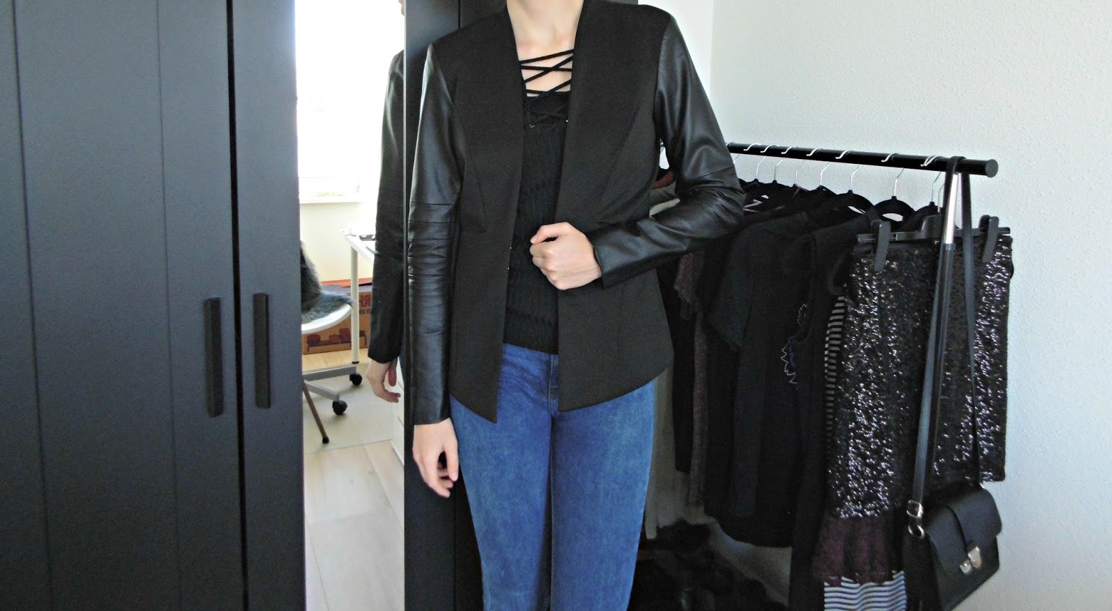 blazer met leren mouwen
