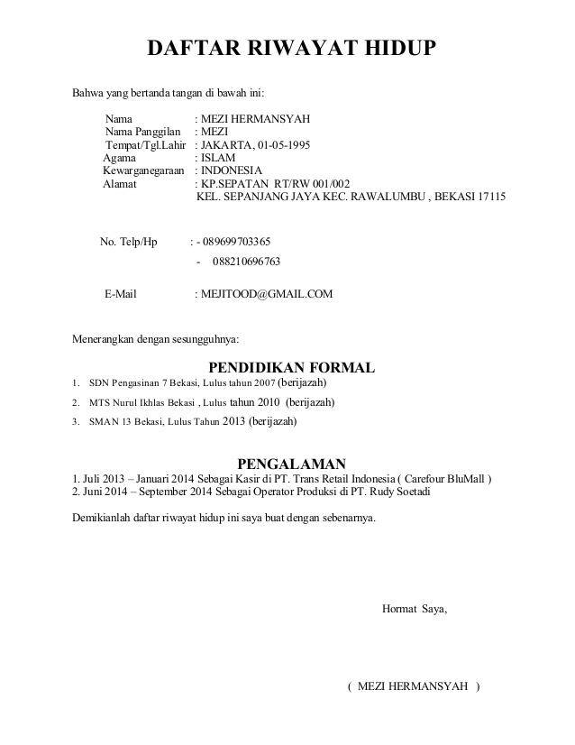 Contoh Daftar Riwayat Hidup Untuk Lamaran Kerja Umum Cv Nabila