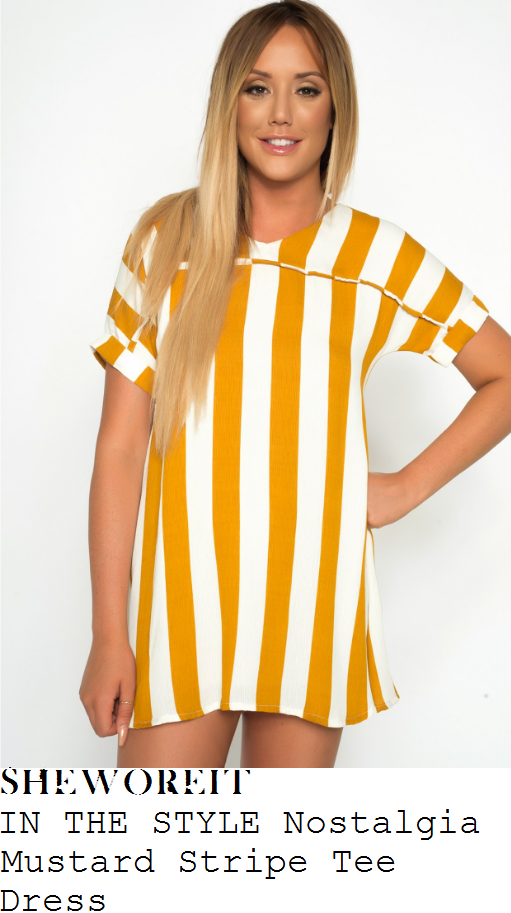 charlotte-crosby-in-the-style-nostalgia-mustard-yellow-gold-and-white-vertical-stripe-print-short-sleeve-contrast-trim-detail-v-back-t-shirt-mini-dress