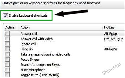 Skype shortcut settings