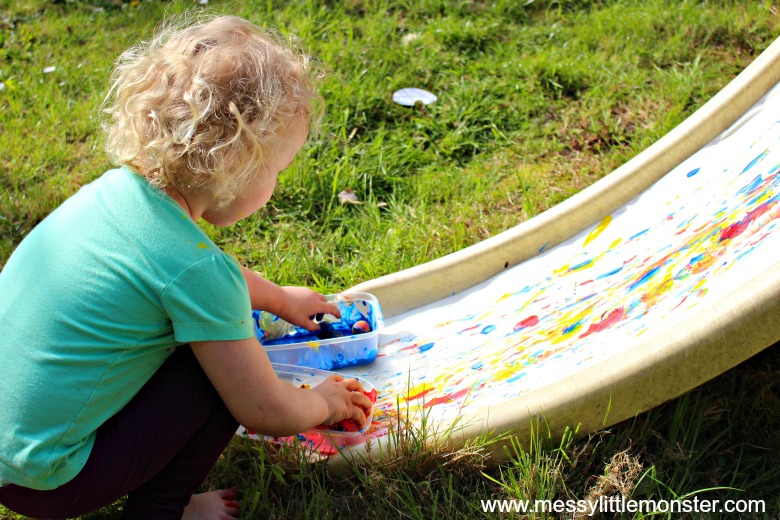 Paint Rolling on a Slide A fun outdoor art idea for kids Messy