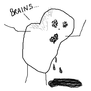 Stick figure sketch of a zombified pork chop saying, "Brains......."