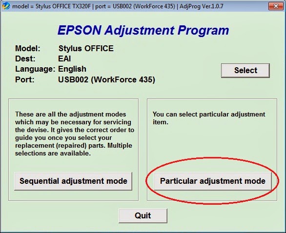 hacer clic en particular adjustment mode para resetear almohadillas epson