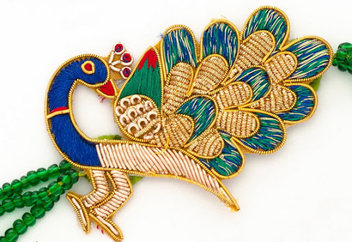 Peacock Rakhi with Kundans, Zardozi and Beads