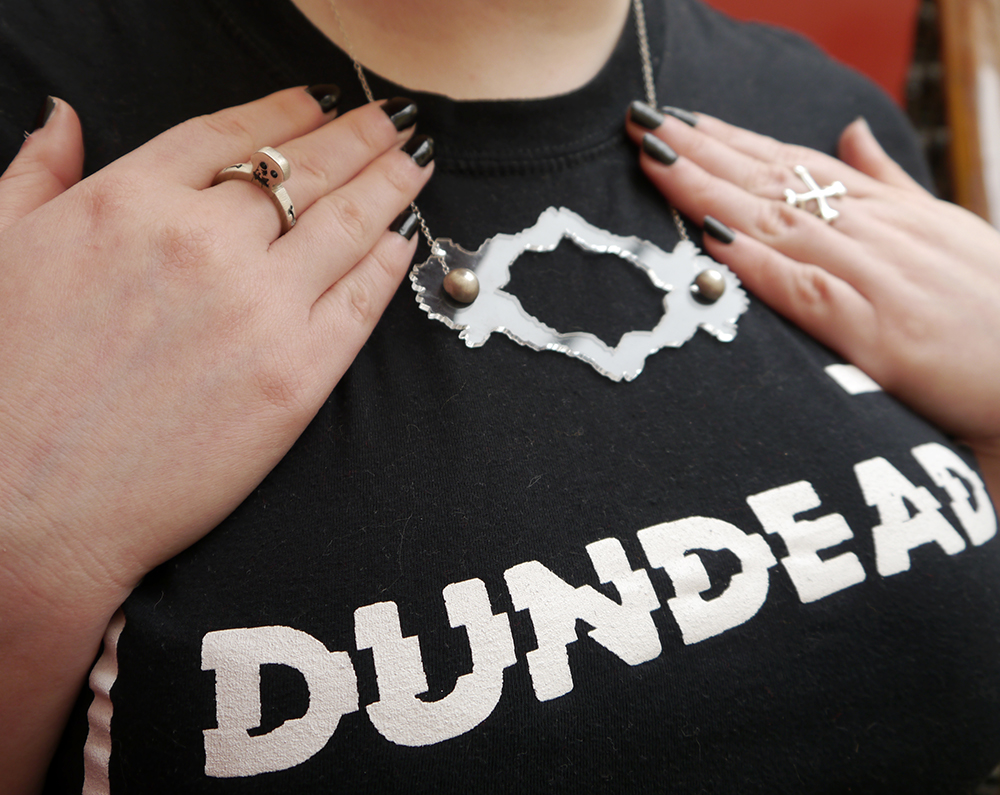 Dundead Horror Film Festival Tshirt and some Dundee Jewellery Design Scottish Blogger, styel blogger, red head, scarf style, skull style, goth style, creepy girl style, Dundead tshirt, Charcot necklace, Dundee designers, Karen Smith key earrings, monochrome outfit, Dundee jewellery designers, Dundee design events, CARVE, jewellery making workshop scotland, wax carving workshop scotland