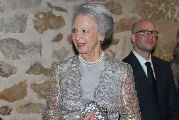 Princess Benedikte is patron of WBFSH. Elie Saab grey embroidered sequin silk gown and carried Bottega Veneta knot clutch