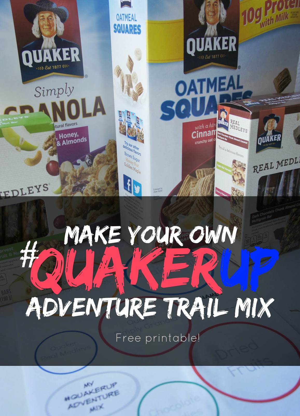 QuakerUp trail mix made with Quaker Life Cereal, Squares, Granola and Real Medleys Bars