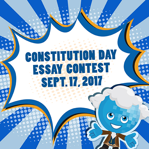 Poster for Constitution Day Essay Contest, Sept. 17, 2017, Rio Mascot Splash dressed as a founding father in front of a colorful background