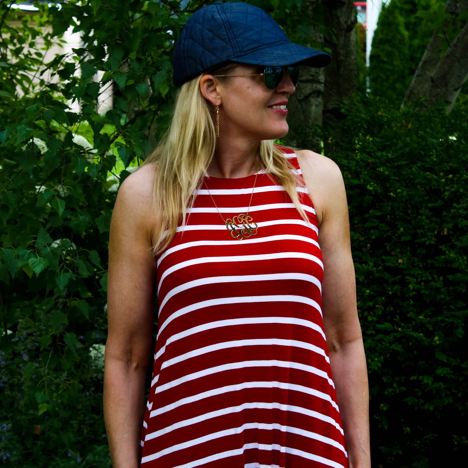 Red and White Striped Dress Outfit - Doused in Pink