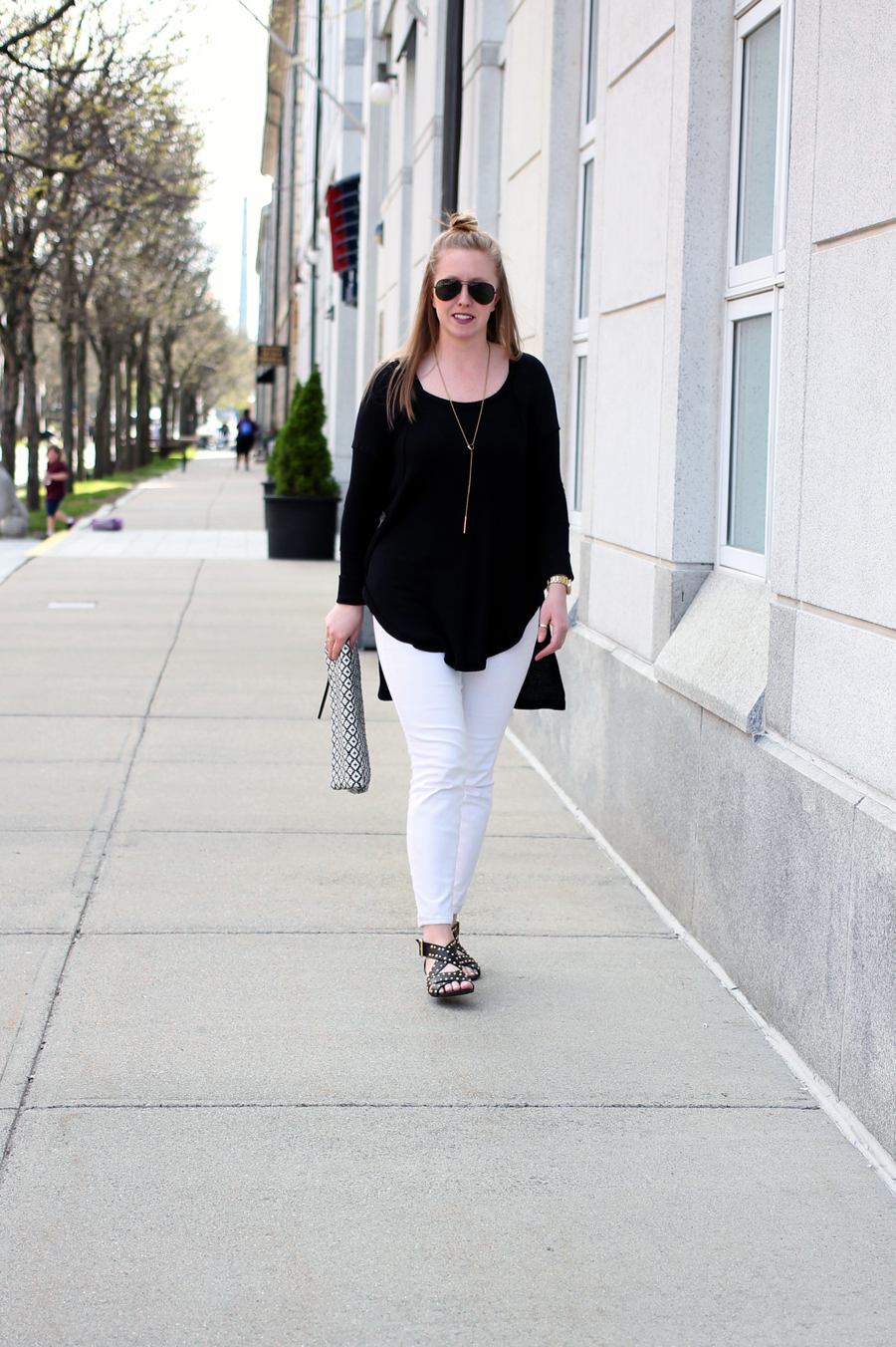 boston blogger outfits, boston blogger spring, black and white street style, street style boston, vince camuto woven clutch, woven black and white clutch, free people thermal top, free people at lord and taylor, shop my post