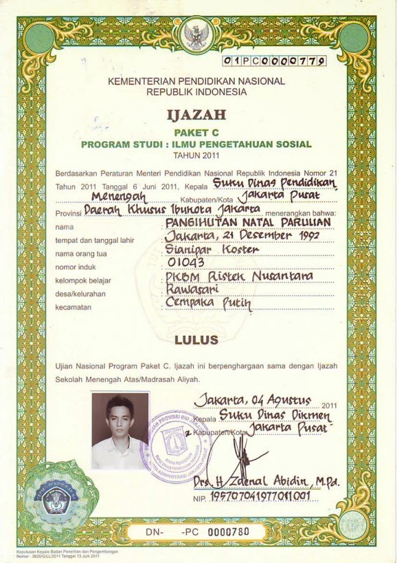 CONTOH IJAZAH PAKET A,B,C PKBM WALET