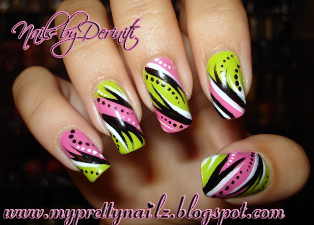 Bright Pink & Green Hand Painted Tribal Nail Art Design - freehand nail ...