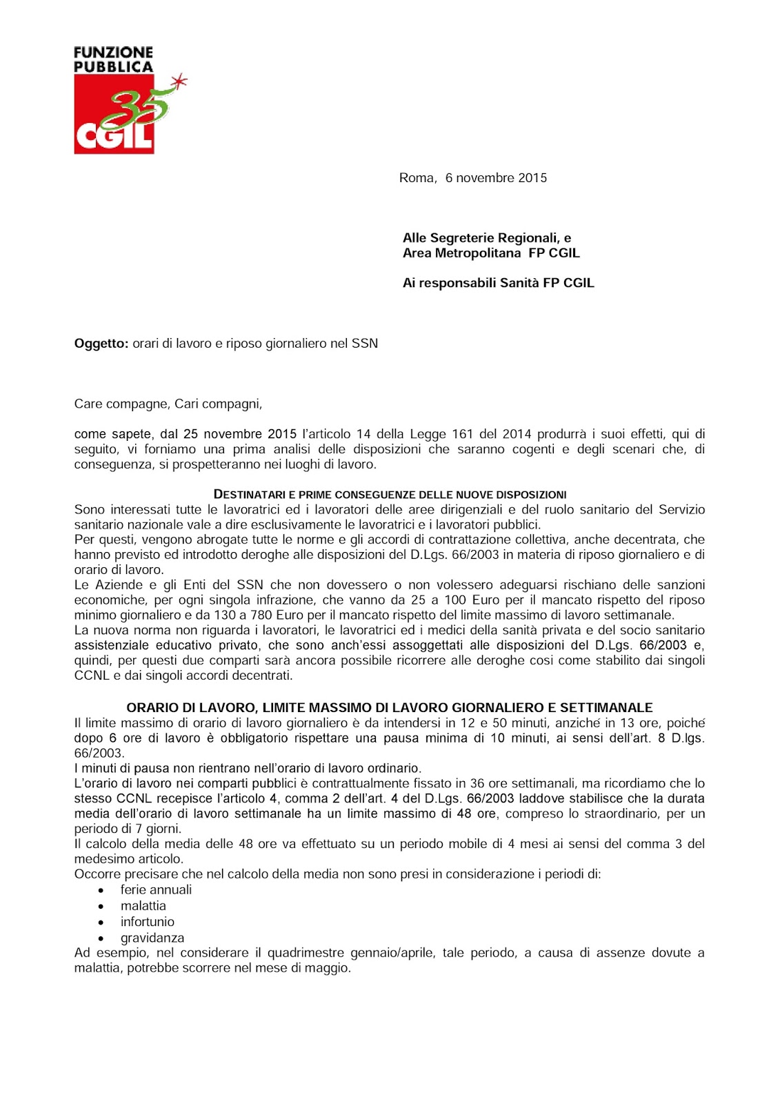 fp CGIL asl Rieti ORARI DI LAVORO E RIPOSO GIORNALIERO