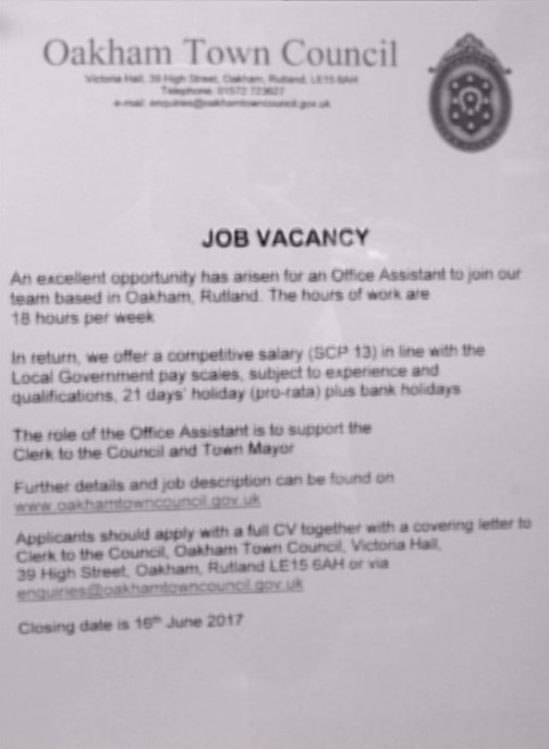 Martin Brookes Oakham Oakham Town Council Job Vacancy for Clerk and