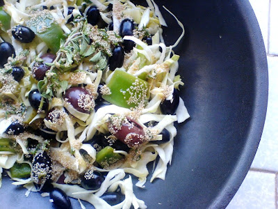 Cabbage, Grapes, Olives Salad in a Red Wine & Poppy Seed Vinaigrette 