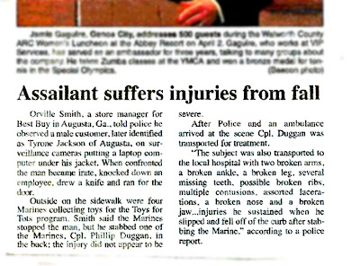 assailant suffers injuries in fall marines newspaper cutting