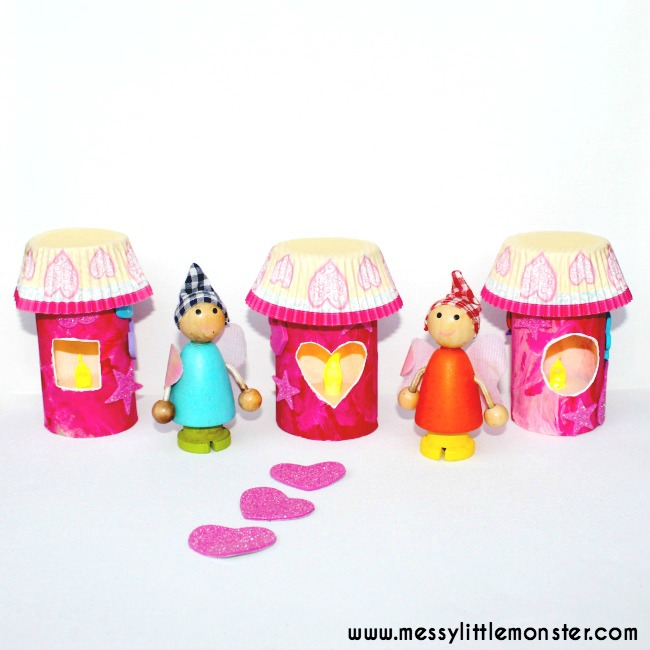 DIY toilet roll fairy house luminaries for kids. Simple recycled craft ideas for toddlers and preschoolers. Use this fun DIY toy to create a fairy small world play activity.