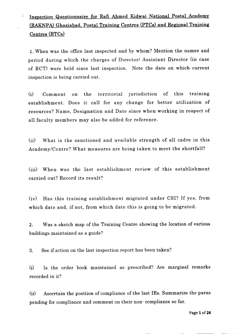 Revised Inspection Questionnaire for Postal Training Institute
