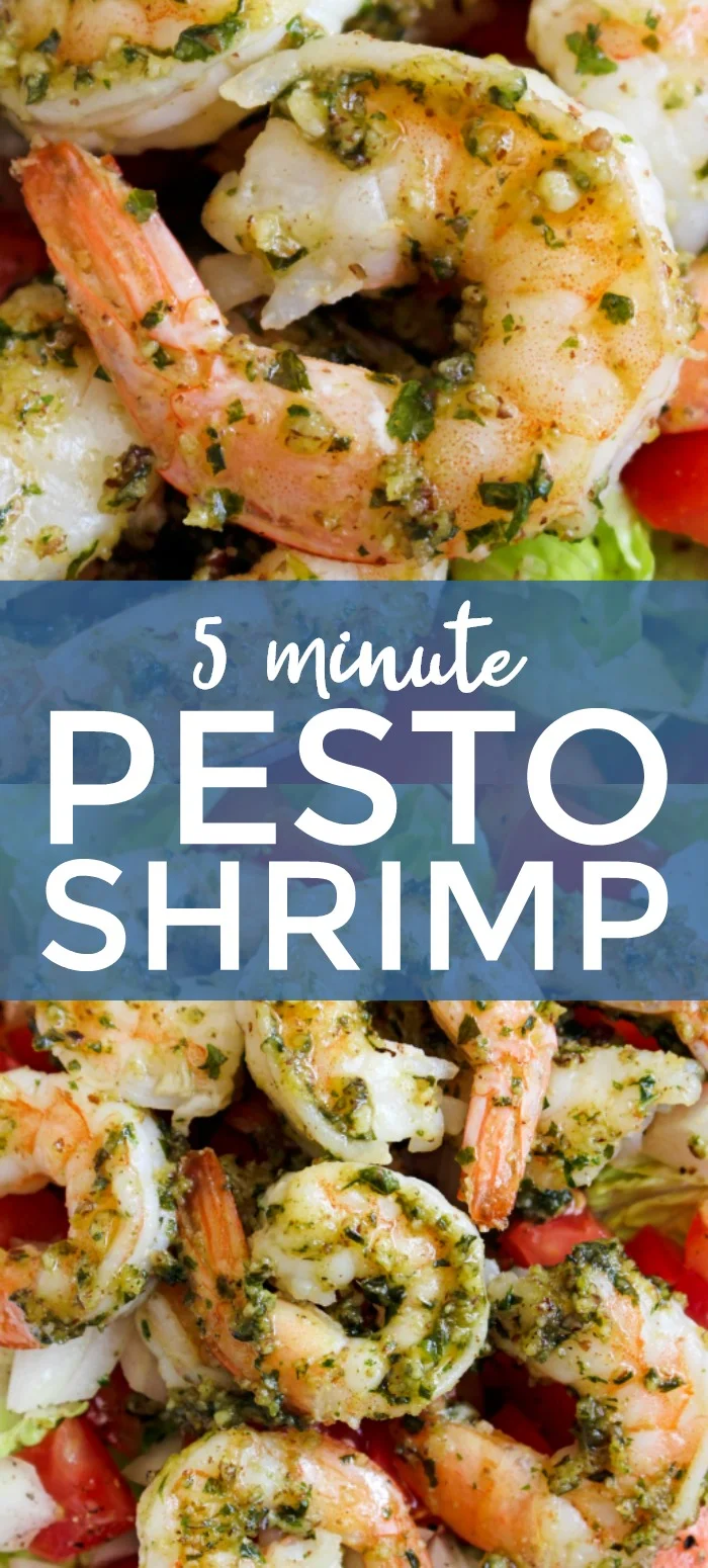 This 5 Minute Pesto Shrimp recipe is an easy, healthy, delicious way to prepare shrimp in just minutes! It's great served on a salad or as an accompaniment to steak. #shrimp #seafood