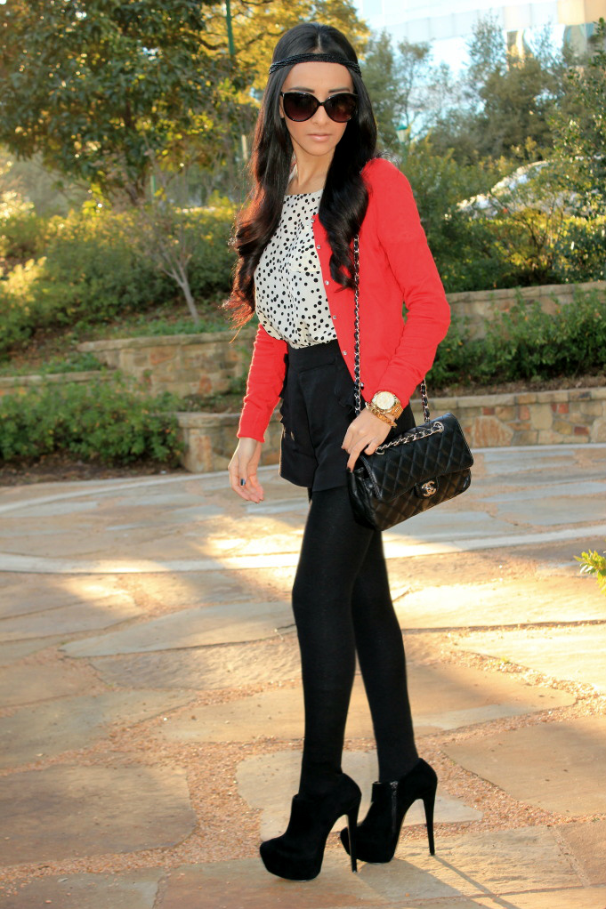 Polka dots and red cardigan.