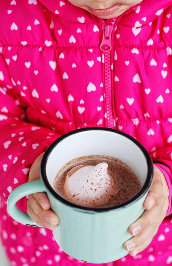 large mug of hot chocolate with raspberry marshmallow