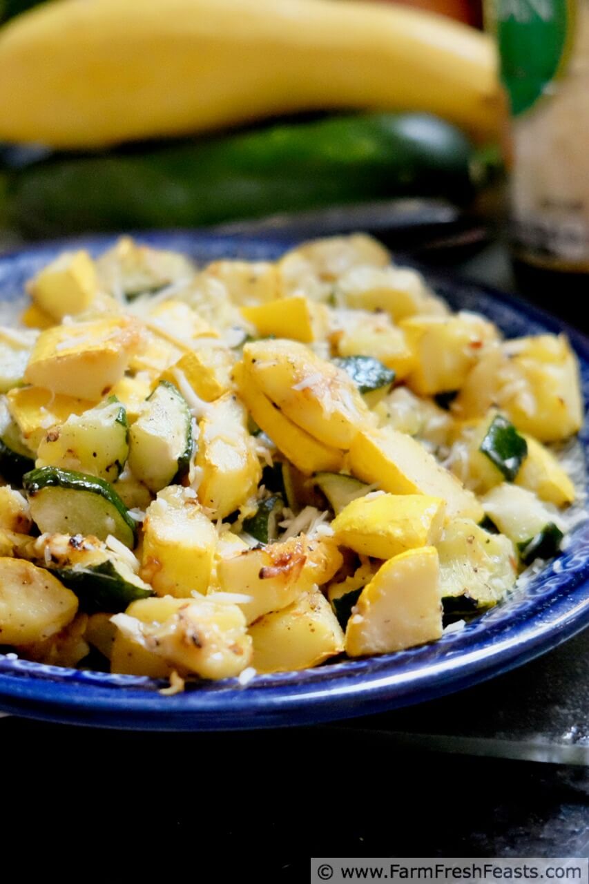 Farm Fresh Feasts Roasted Zucchini and Yellow Squash with Parm and Garlic