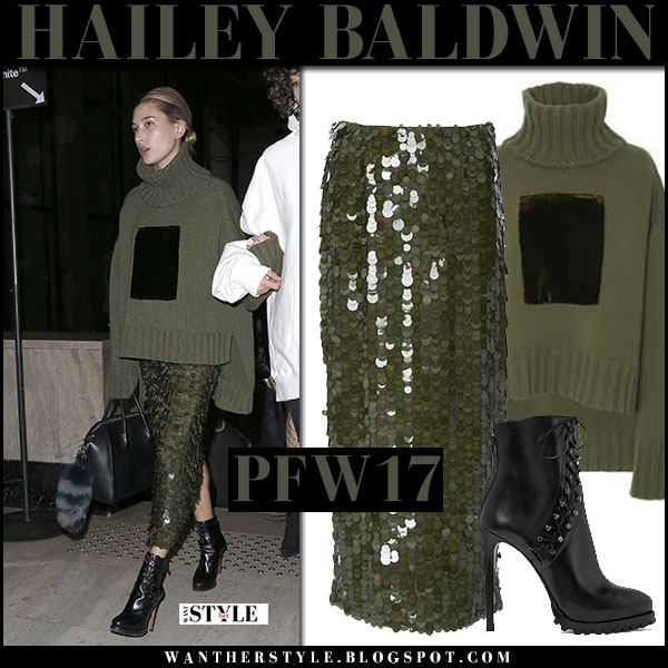 Hailey Baldwin in green sweater and green sequin skirt arriving at Off