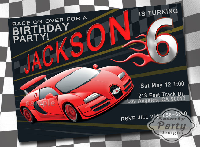 red black flames race car boy birthday party invite invitation car invitation