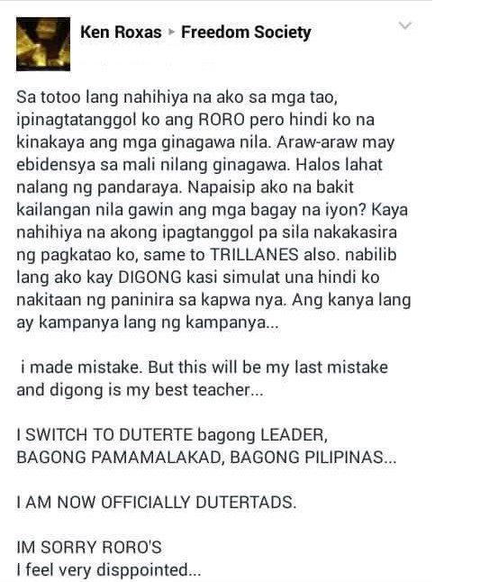 Liberal party loyalist shifts to Duterte: I made a mistake, but this will be my last mistake