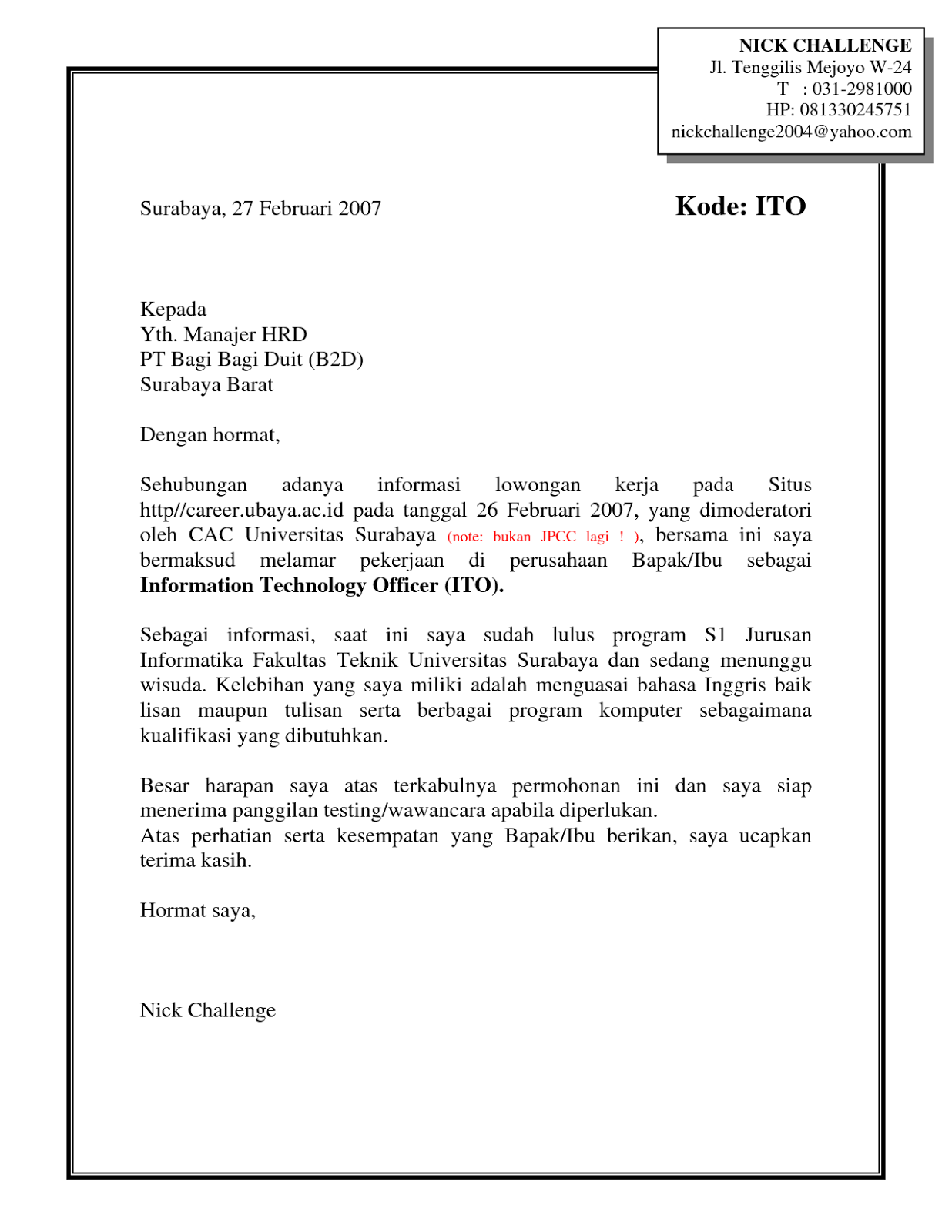 Contoh Surat Lamaran Kerja PDF  ben jobs