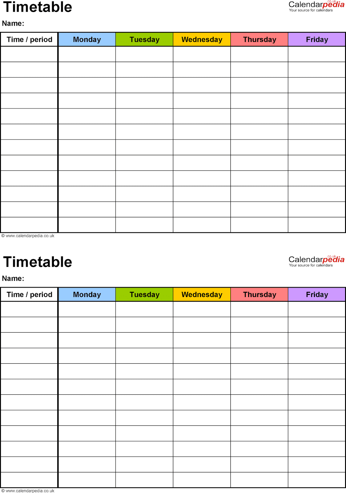 Timetable Template Free Printable