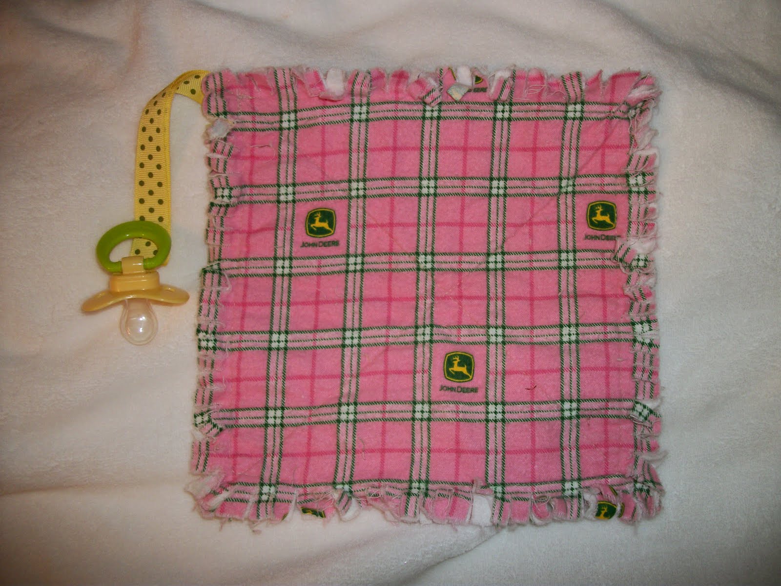 Deerecountry Quilts Camo John Deere rag quilt, pacifier holders