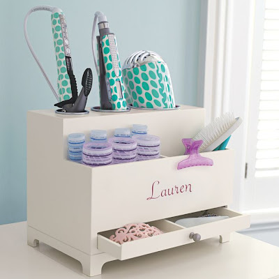hair care products organizer, with storage for dryer, curling iron, brushes and more