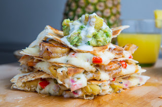 Jerk Shrimp and Pineapple Salsa Quesadillas with Pina Colada Guacamole