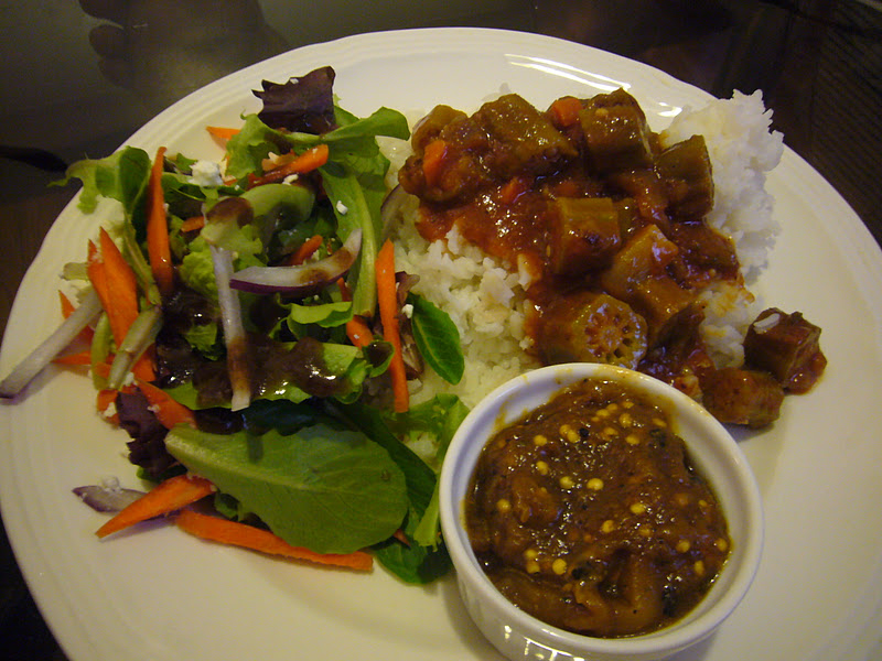 Koko S Kitchen Dominican Okra Stew Over Steamed Rice With Fire Roasted Eggplant And Salad