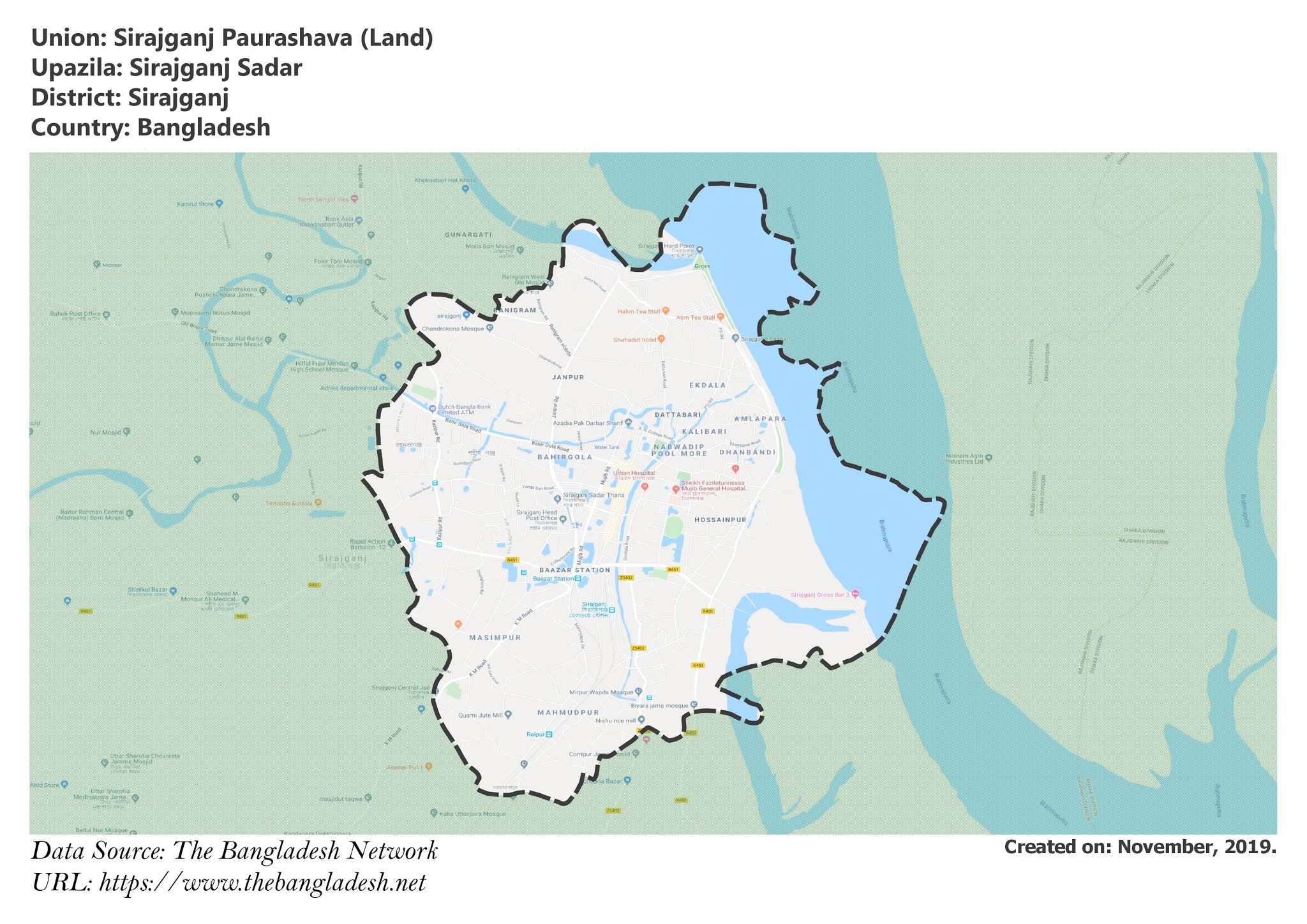 Map of Sirajganj Paurashava of Sirajganj, Bangladesh.