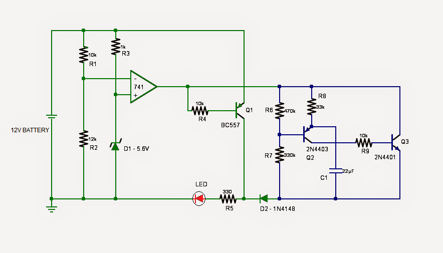 Flashing LED Battery Low Indicator Circuit | Circuit Diagram Centre