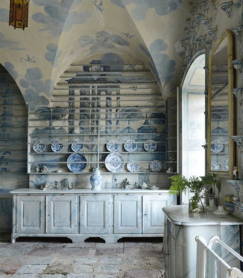 French chinoiserie kitchen in pale blue