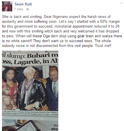 Read Seun Kuti's reaction to IMF boss visiting Nigeria