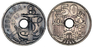 Moneda de 50 céntimos de 1949 con las flechas hacia arriba Moneda de 50 céntimos de 1949 con las flechas hacia arriba