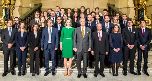 Queen Mathilde wore a lovely Natan green dress for diplomat trainees meeting