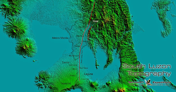 SRTM 1 arcsecond processed topography for South Luzon showing West Valley Fault Line - Schadow1 Expeditions
