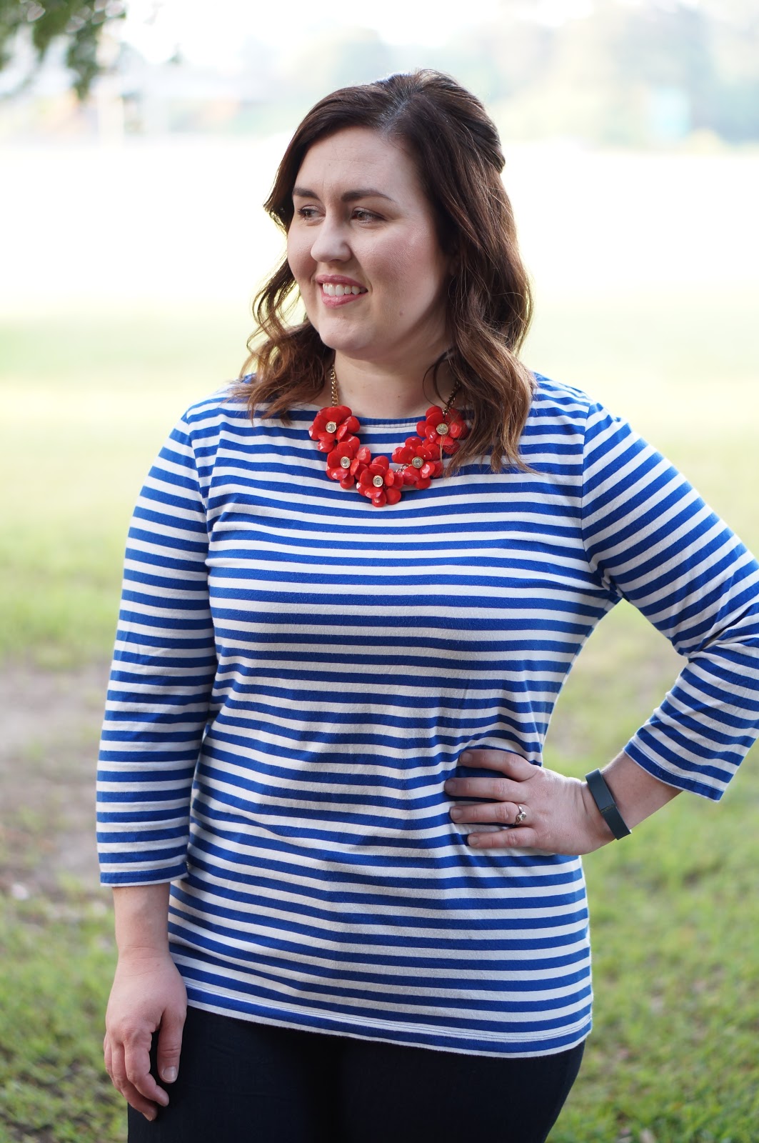 Rebecca Lately Merona Striped Boatneck Stitch Fix Just Black Ankle Jeans Old Navy D'orsay Flats Flower Statement Necklace Patriotic Colors