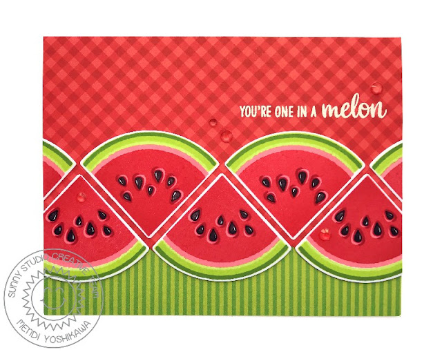 Sunny Studio Stamps: Slice of Summer Watermelon Border Card (using Classic Gingham and Silly Stripes 6x6 Paper)