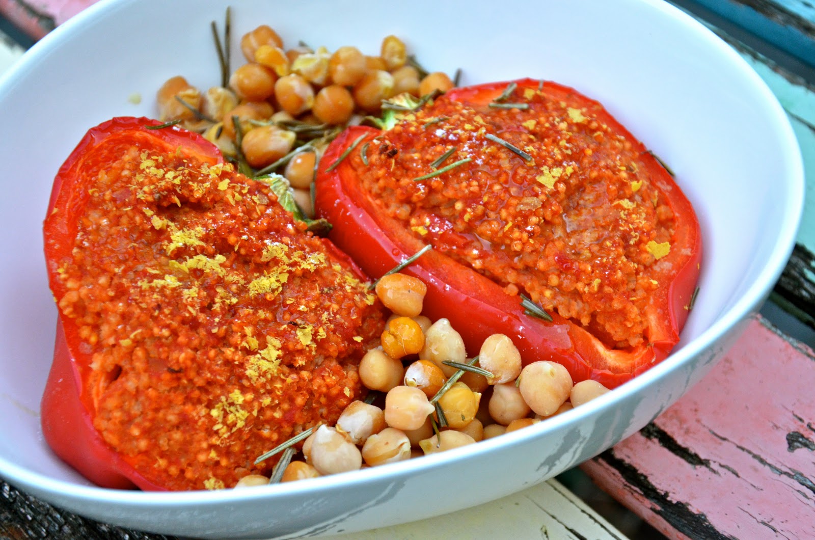 MILLET STUFFED PEPPERS W/ ROSEMARY ROASTED CHICKPEAS