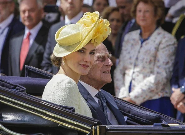 King Felipe, Queen Letizia welcomed by Queen Elizabeth II, Prince Philip, Prince Charles and Duchess Camilla. Felipe Varela dress, Prada pumps