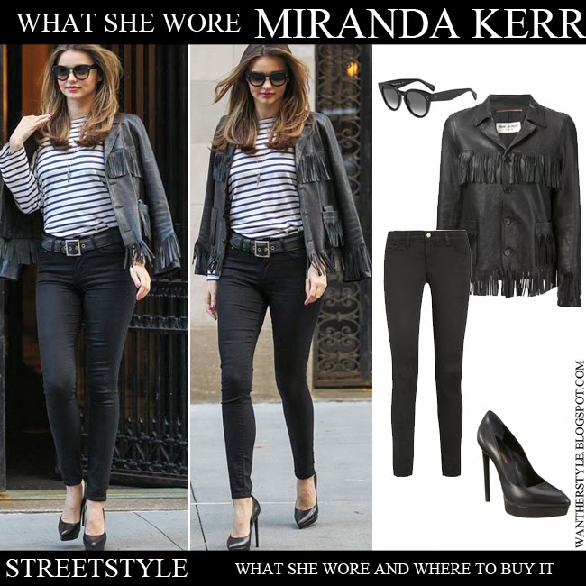 WHAT SHE WORE: Miranda Kerr in black leather fringed jacket stripe top ...